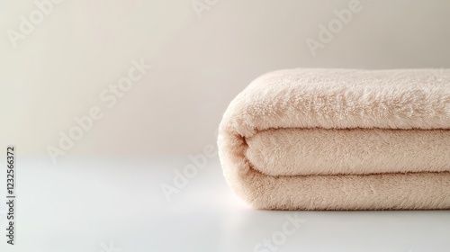 Closeup of a folded white towel on white surface, emphasizing its soft texture and neat folds