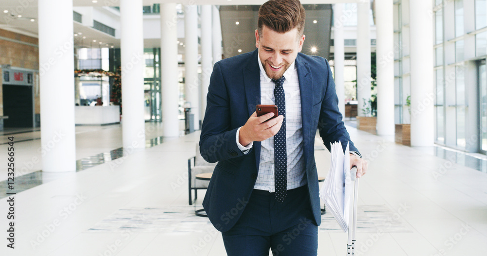 Happy, businessman and travel with phone for work trip, business opportunity or good news at airport. Man, traveler or corporate immigrant with smile, luggage or suitcase on mobile smartphone for app Happy, businessman and travel with phone for work trip, business opportunity or good news at airport. Man, traveler or corporate immigrant with smile, luggage or suitcase on mobile smartphone for app