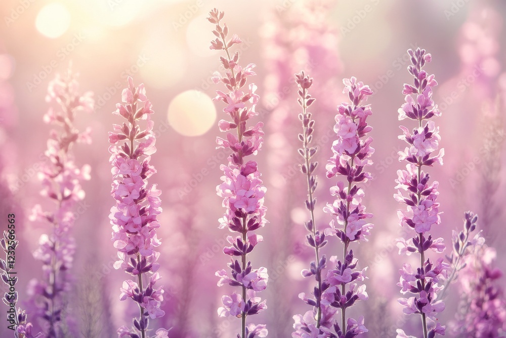 Fototapeta premium Lavender flowers bloom in soft sunlight, creating a serene atmosphere in a peaceful garden during late afternoon