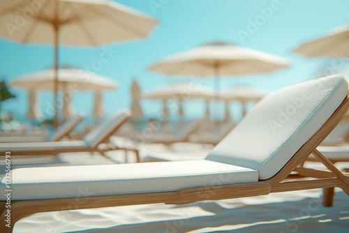 Sunbeds lined up on a beach under clear blue skies with umbrellas providing shade for relaxation photo