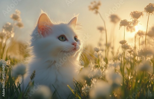 White cat enjoying a sunny day among flowers in a tranquil field at sunset