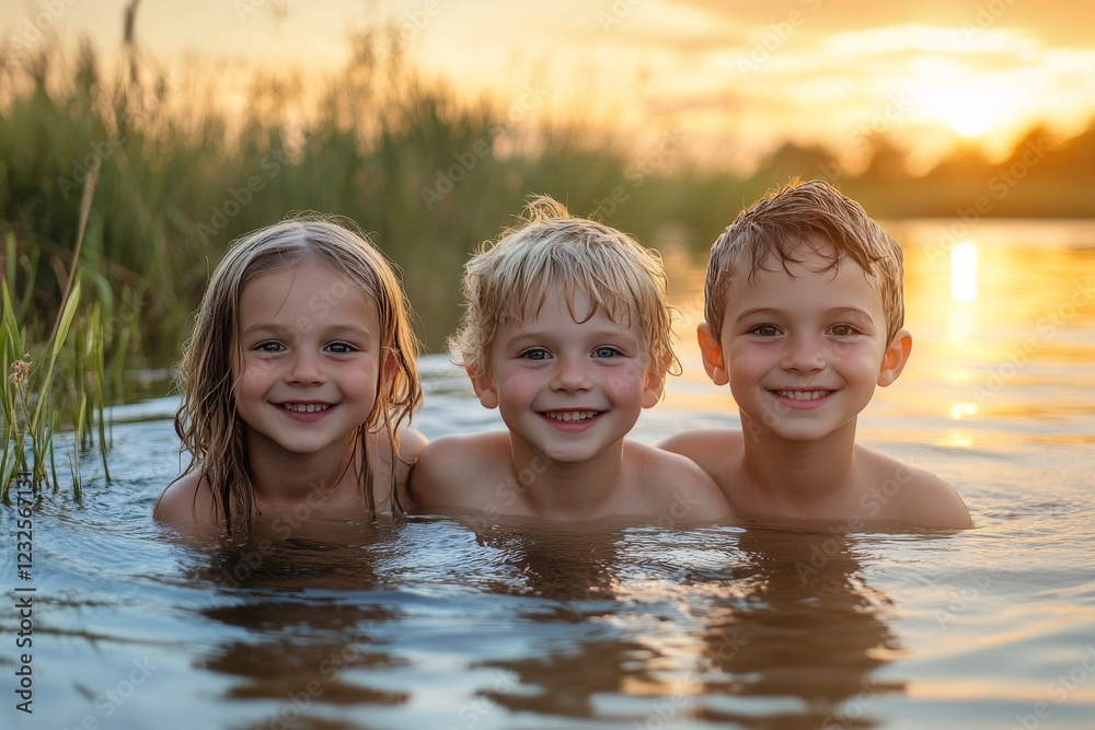 Children enjoying a summer sunset while playing in a serene lake with tall grass in the background Children enjoying a summer sunset while playing in a serene lake with tall grass in the background