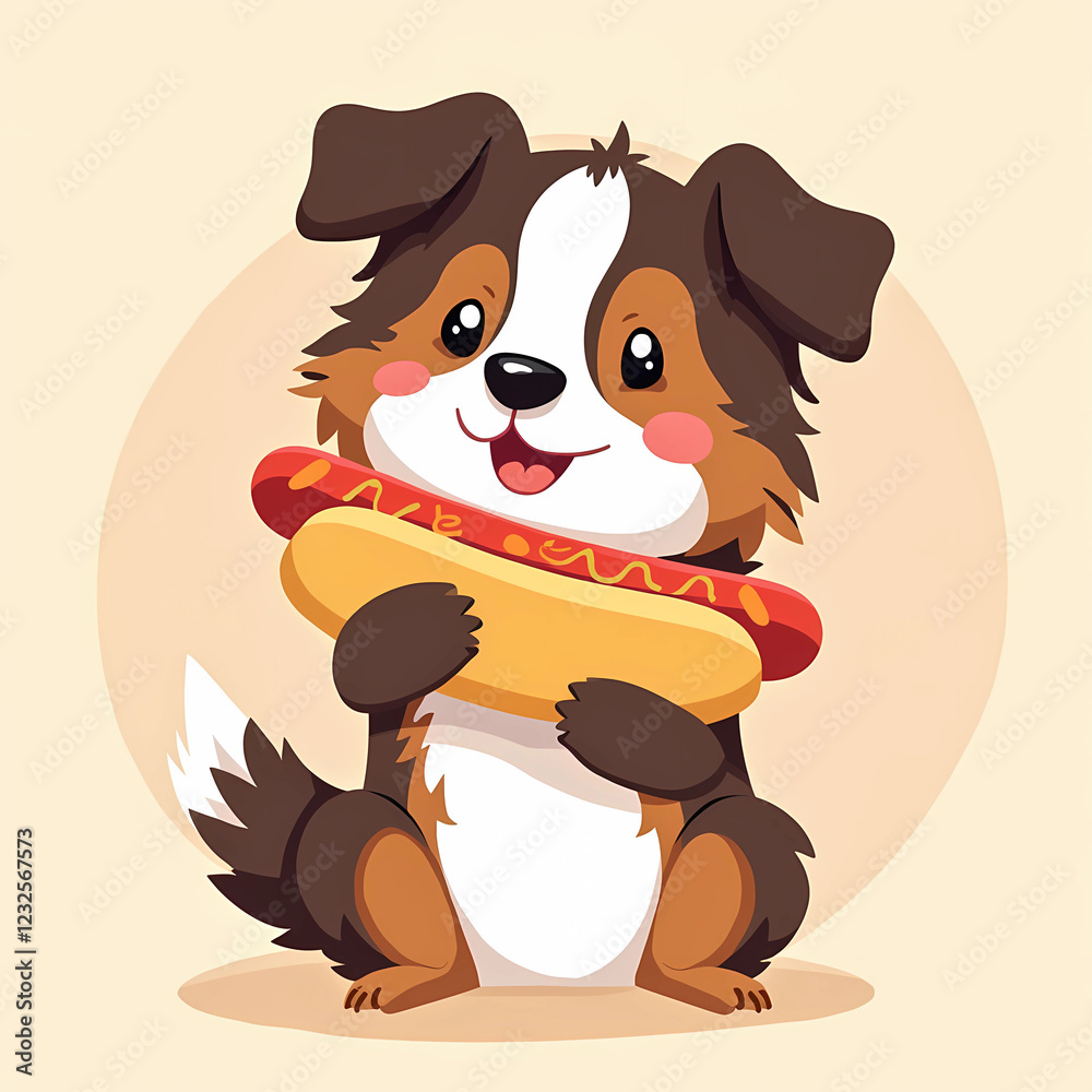 Obraz premium Cute Australian Shepherd Dog Hug Hotdog Cartoon Vector Icon Illustration Animal Food Isolated Flat