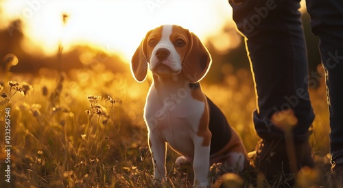 Beagle dog sits near owner during sunset in a blooming field