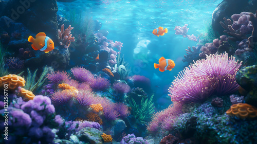 Wallpaper Mural Beautiful coral reef with sea anemones and clown fish contaminated. Colorful clownfish hide in their host sea anemones on tropical reefs Torontodigital.ca