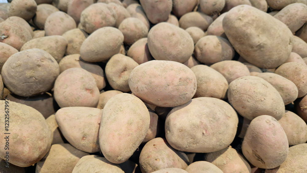 Selling potatoes. Close-up of potatoes at a market or store counter. Food product, harvest. A pile of potatoes in a supermarket, selective focus