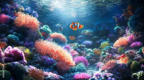 Wallpaper Mural Beautiful coral reef with sea anemones and clown fish contaminated. Colorful clownfish hide in their host sea anemones on tropical reefs Torontodigital.ca