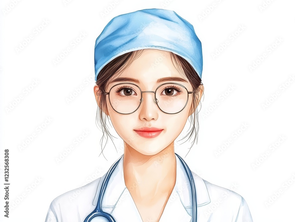 Closeup portrait, woman in blue surgical cap and glasses in a medical setting Closeup portrait, woman in blue surgical cap and glasses in a medical setting