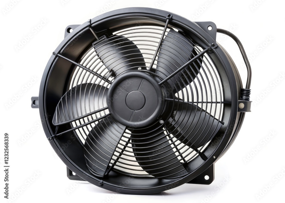 Isolated on white, a rugged black motor fan—an automotive component—demonstrates industrial strength, rule of thirds framing. Isolated on white, a rugged black motor fan—an automotive component—demonstrates industrial strength, rule of thirds framing.