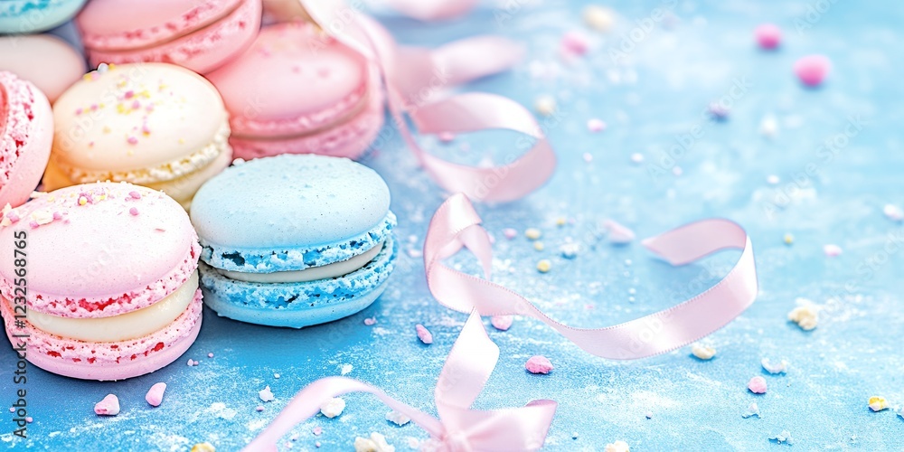 Obraz premium Delicious Pastel Macarons with Pink Ribbon on Blue Background Sweet Treats Confectionery Dessert