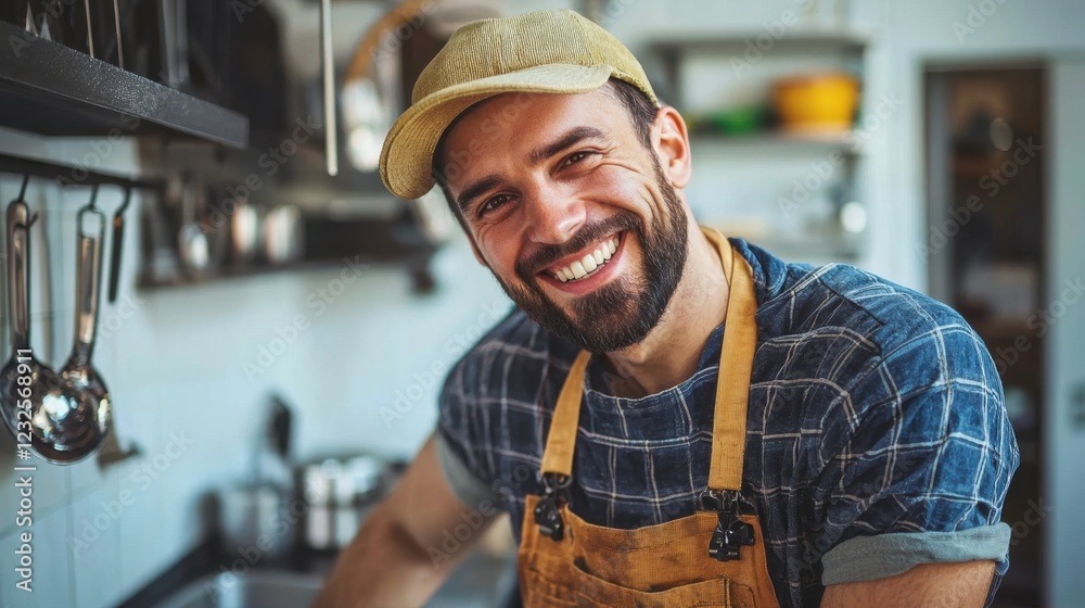 Happy male chef smiling in a modern kitchen with apron and cap Happy male chef smiling in a modern kitchen with apron and cap
