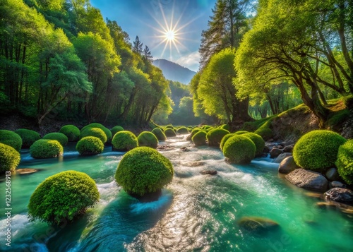 Lush Boxwood Grove by Turquoise Bzyb River, Abkhazia Mountains - Documentary Photography photo