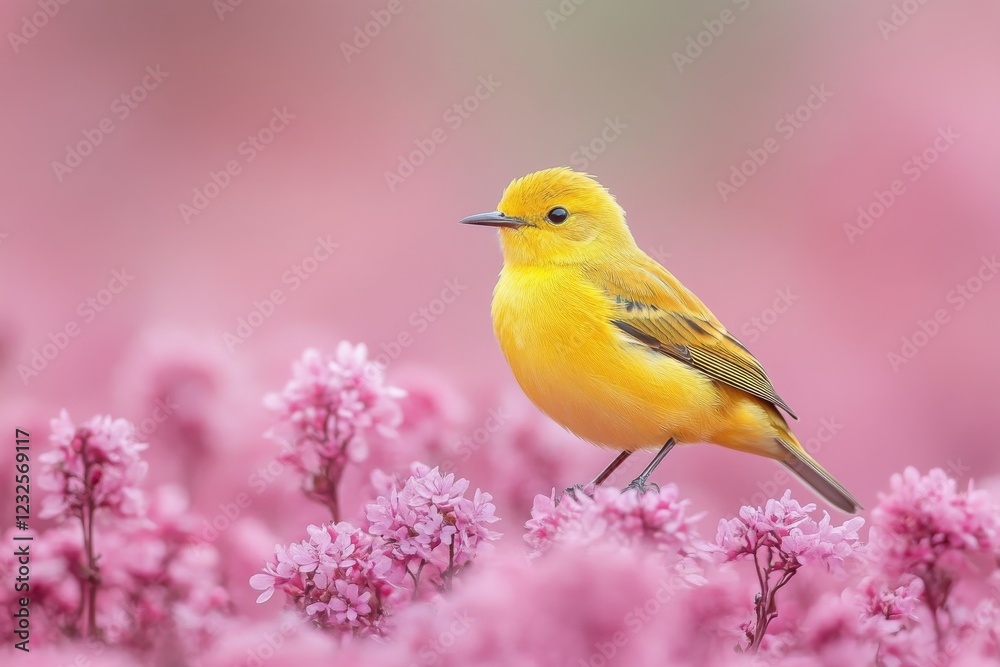 Bright yellow bird perches among vibrant pink flowers in a beautiful spring setting Bright yellow bird perches among vibrant pink flowers in a beautiful spring setting