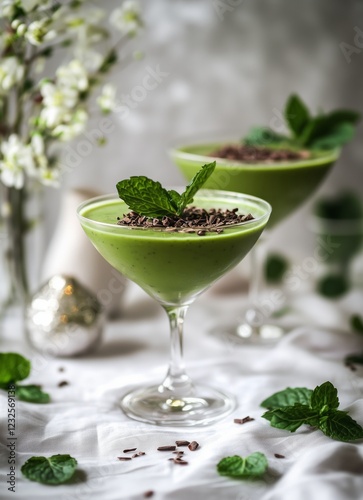 Refreshing green dessert served in elegant glasses with mint and chocolate ga...
