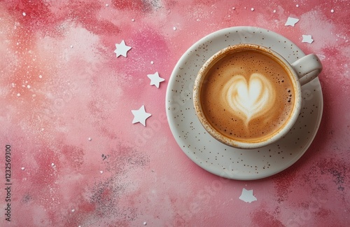 Coffee cup with heart-shaped foam on a pastel background with decorative stars