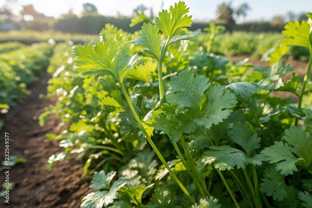 Lush Green Coriander Field in Thailand - Selective Focus Mature Harvest Lush Green Coriander Field in Thailand - Selective Focus Mature Harvest