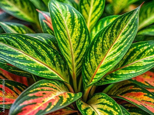 Lush Green Chinese Evergreen Houseplant with Shallow Depth of Field, Vibrant Foliage photo