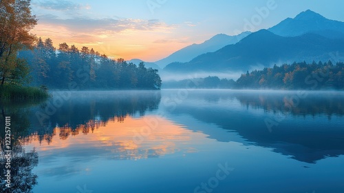 Serene Lake Sunrise Painting  Tranquil Morning Reflections by Waters Edge Abstract Art for Meditation and Relaxation