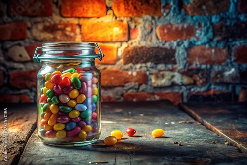 AI-photographed jelly beans in a glass jar, urban theme. photo