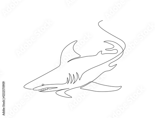 Continuous one line drawing of Great white shark in the sea. Shark fish in single line draw illustration. Editable stroke.