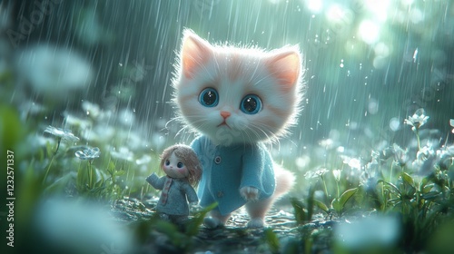 Cute cat and doll exploring a magical forest during a gentle rain under a dreamy atmosphere. Generative AI photo