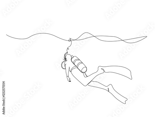 Continuous one line drawing of Scuba diving under the sea. Scuba diver in single line draw illustration. Editable stroke.