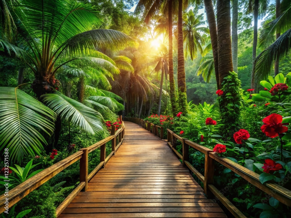 Lush Tropical Rainforest Walkway: Wooden Path Through Palm Trees, Ferns & Red Flowers Lush Tropical Rainforest Walkway: Wooden Path Through Palm Trees, Ferns & Red Flowers