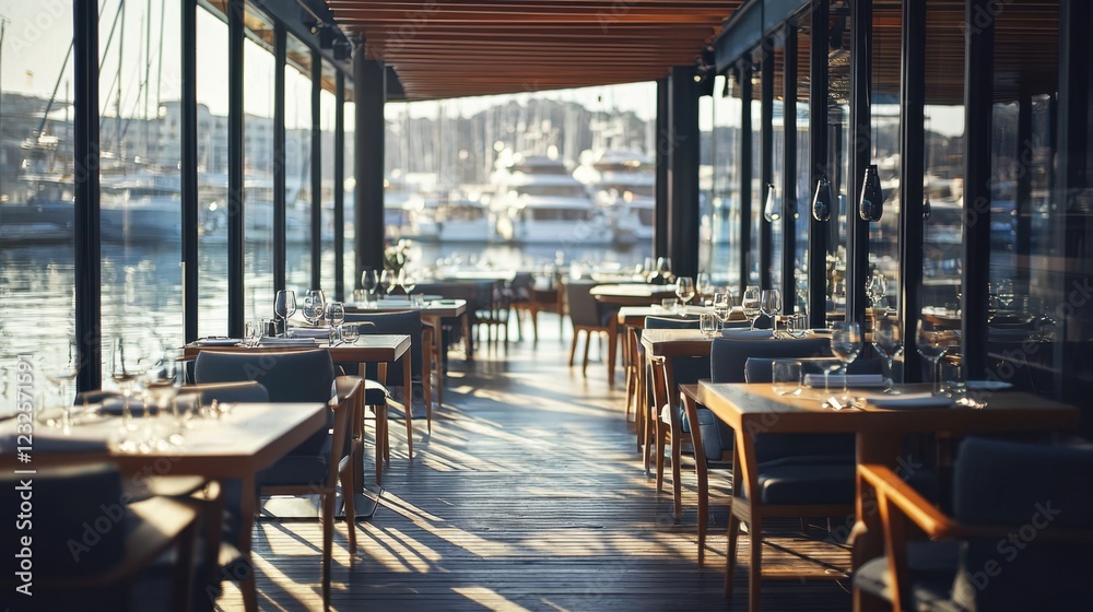 Fototapeta premium Elegant Dining Space with Scenic View of Marina and Sailboats