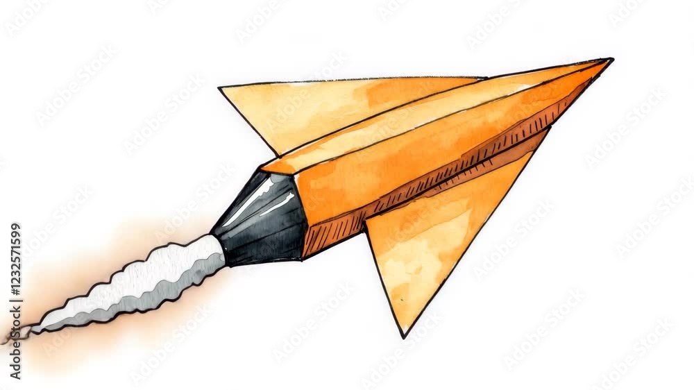 A paper airplane with a rocket engine taking off, depicted in a colorful sketch style.

