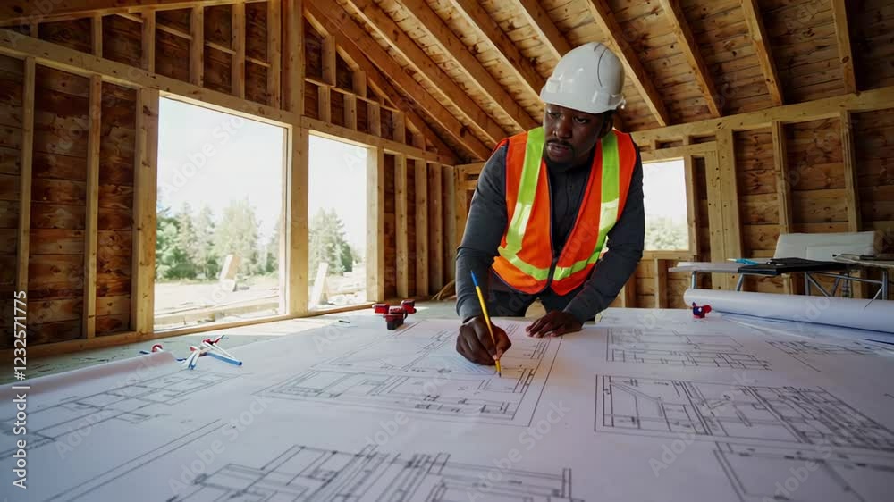 Architect wearing a safety vest and helmet reviews and annotates blueprints inside a building under construction, meticulously checking details and making adjustments to the plans