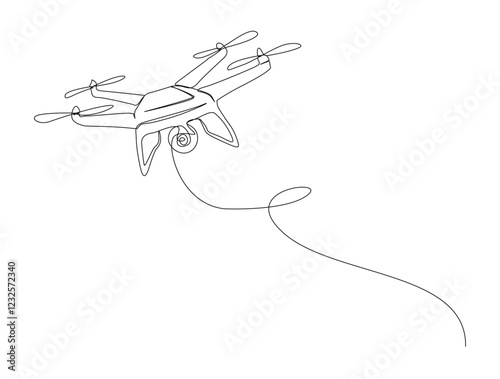 Continuous one line drawing of flying drone design. Drone aircraft in single line draw illustration. Editable stroke.