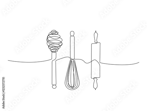 Continuous one line drawing of kitchen mixer whisk and rolling pin. Balloon whisk and rolling pin bakery in single line draw illustration. Editable stroke.