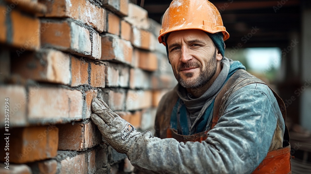 A man in a hard hat and work clothes is shown building a brick wall. A man in a hard hat and work clothes is shown building a brick wall.