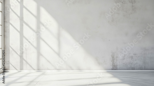 Minimalist interior with textured wall and sunlight shadows