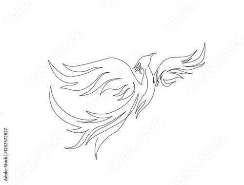 Continuous one line drawing of flying phoenix bird. Flaming phoenix bird in single line draw illustration. Editable stroke.
