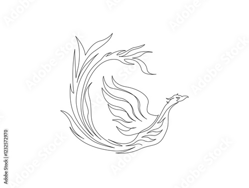 Continuous one line drawing of flying phoenix bird. Flaming phoenix bird in single line draw illustration. Editable stroke.