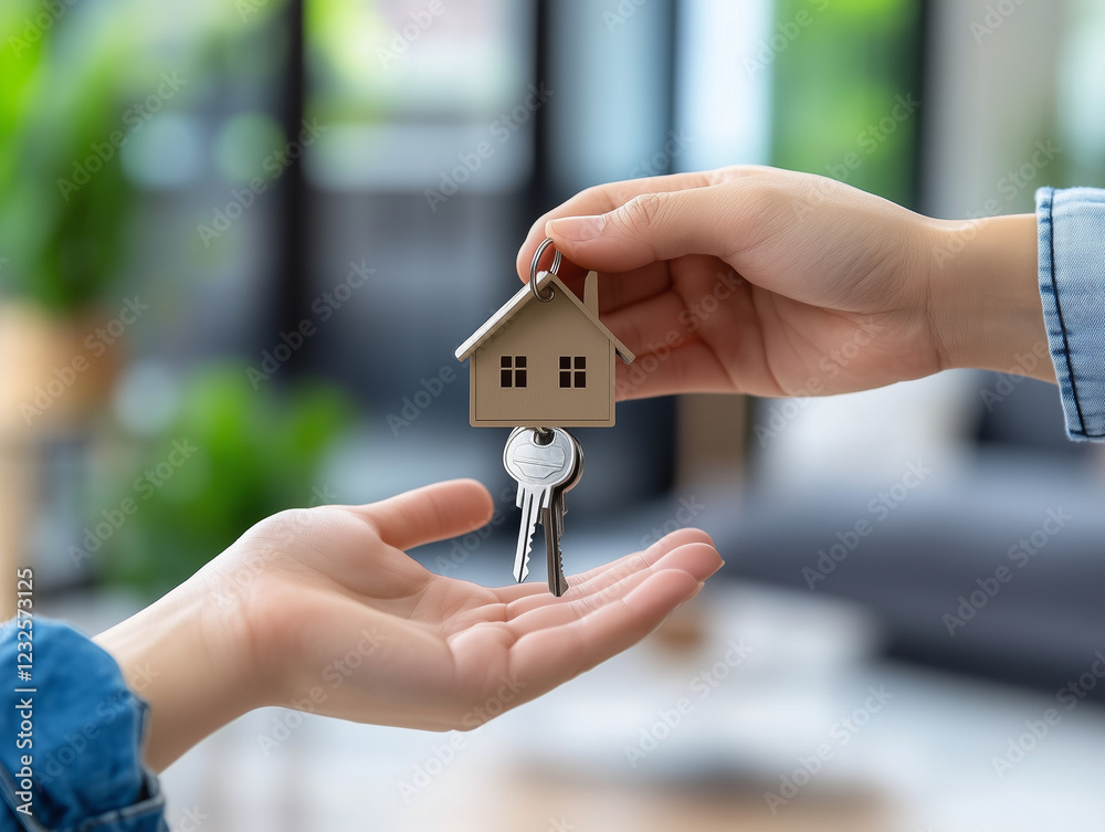 Hands exchanging a house key and wooden home model. Perfect image for real estate, loans, first time home buyers, and renting agreements. Minimalist concept. Hands exchanging a house key and wooden home model. Perfect image for real estate, loans, first time home buyers, and renting agreements. Minimalist concept.