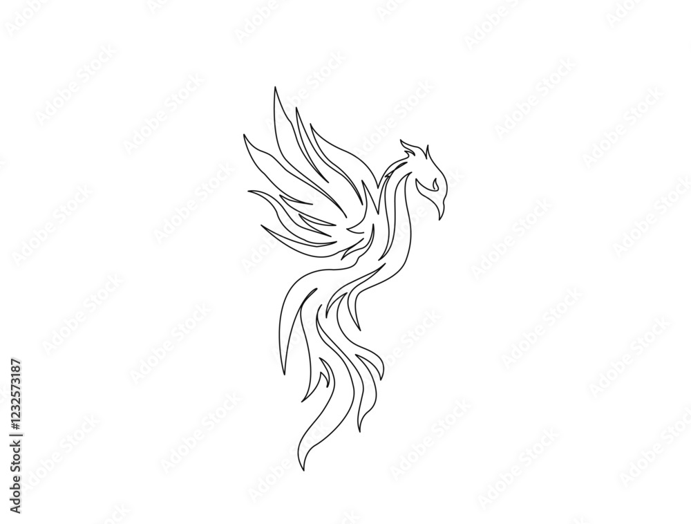 Obraz premium Continuous one line drawing of flying phoenix bird. Flaming phoenix bird in single line draw illustration. Editable stroke.