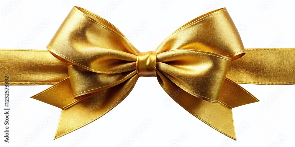 Luxurious Gold Gift Bow with Long Ribbon on White Background - Festive Celebration Decoration Luxurious Gold Gift Bow with Long Ribbon on White Background - Festive Celebration Decoration