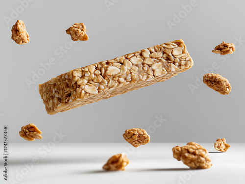 Crunchy Oat Bar in Mid-Air:  A solitary oat bar with a crispy, nutty texture hangs suspended against a clean background, accompanied by scattered pieces