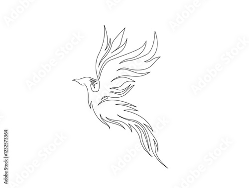 Continuous one line drawing of flying phoenix bird. Flaming phoenix bird in single line draw illustration. Editable stroke.