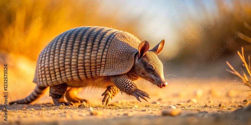 Armadillo Walking Through Golden Grass in a Natural Environment Armadillo Walking Through Golden Grass in a Natural Environment