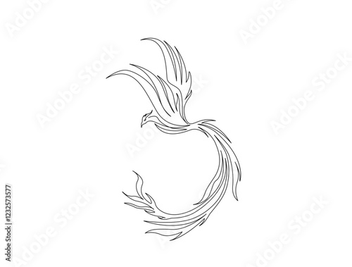 Continuous one line drawing of flying phoenix bird. Flaming phoenix bird in single line draw illustration. Editable stroke.