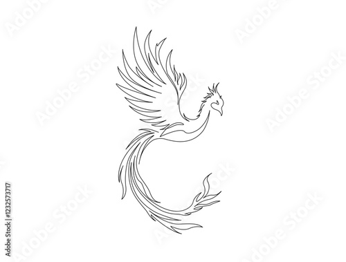Continuous one line drawing of flying phoenix bird. Flaming phoenix bird in single line draw illustration. Editable stroke.