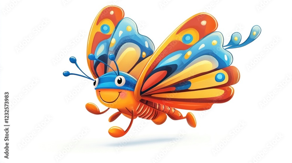 Fototapeta premium Colorful cartoon butterfly flying, white background, kids illustration