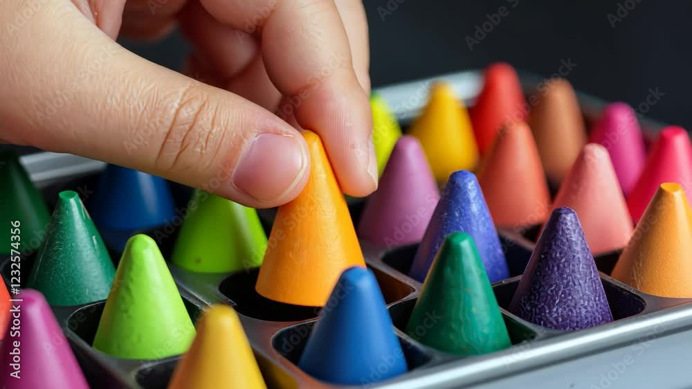 A hand selecting a colorful crayon from a tray of vibrant, cone-shaped art supplies.


