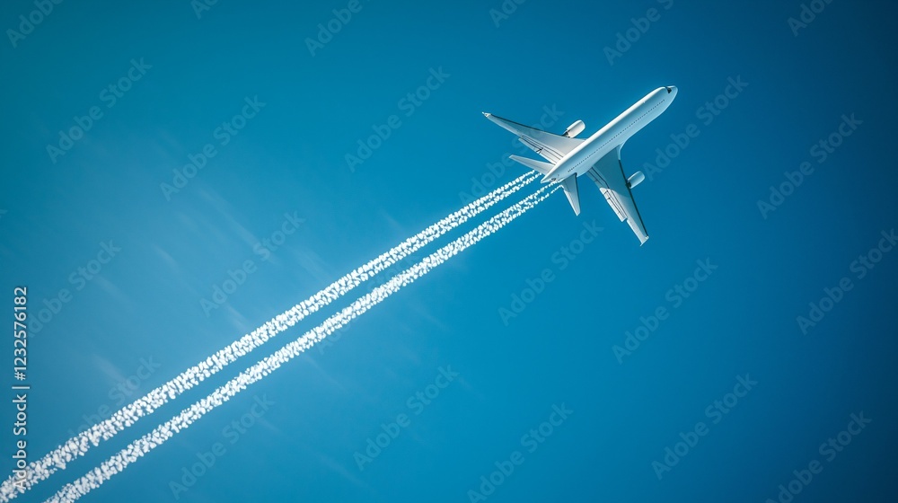Supersonic jet flying at high speed through clear blue sky, leaving a long vapor trail, minimalistic design with ample copy space for text or graphics. Aviation and speed concept. Supersonic jet flying at high speed through clear blue sky, leaving a long vapor trail, minimalistic design with ample copy space for text or graphics. Aviation and speed concept.