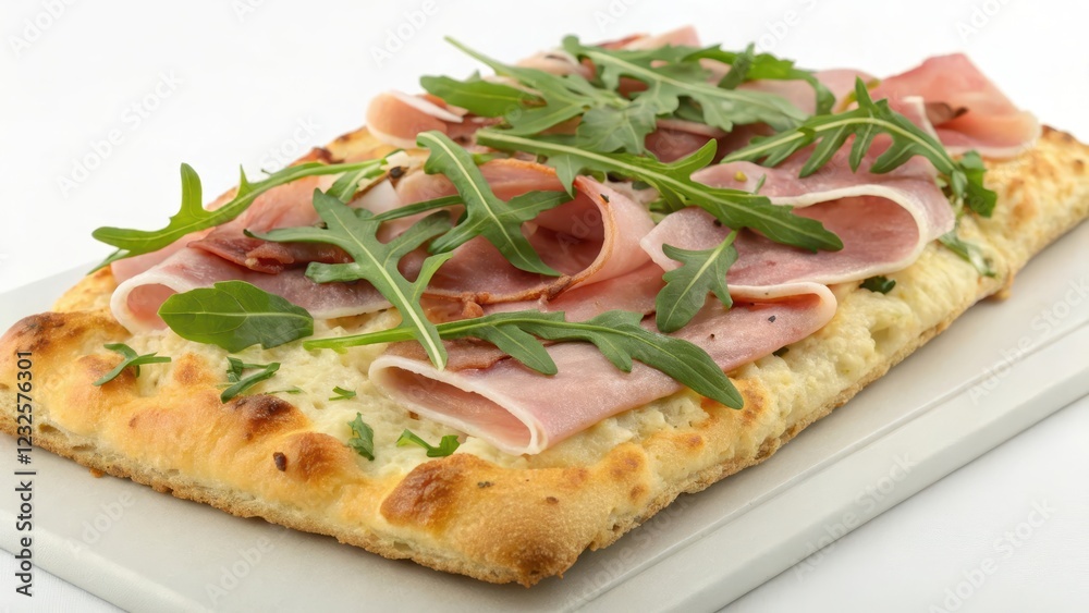 Aromatic Flatbread Topped with Creamy Spread, Delicate Ham Slices, and Fresh Arugula Aromatic Flatbread Topped with Creamy Spread, Delicate Ham Slices, and Fresh Arugula