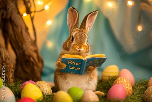Adorable rabbit holding a book, sitting on grass, surrounded by decorated Easter eggs. Warm glowing lights and soft blue background