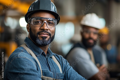 Group of men from different ethnic backgrounds working in a modern automotive plant. They are dressed in safety overalls, helmets, and gloves photo